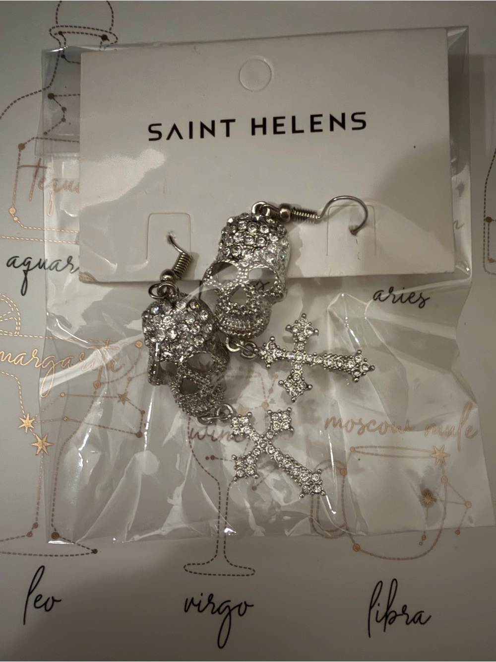 NEW Silver iced Skull Christian Cross Drop Earrings with sparkling stones